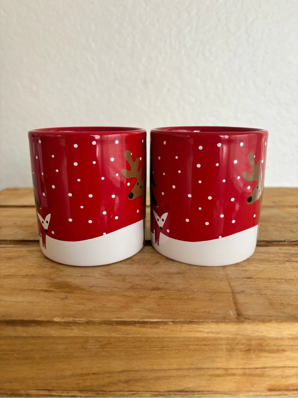 Crate & Barrel Christmas Mini Mugs Set of 2 Red Holiday Woodland Fox Deer Cups